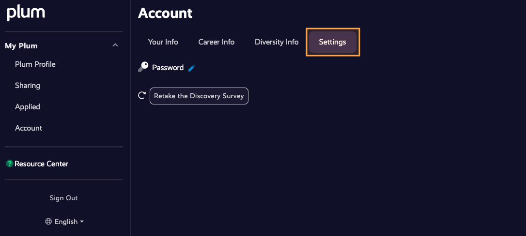 Image of the settings tab in the account section