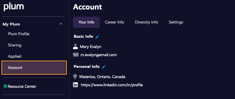 Image of the account section in the sidebar menu