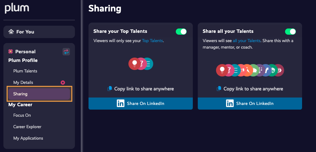 sharing tab with options for sharing