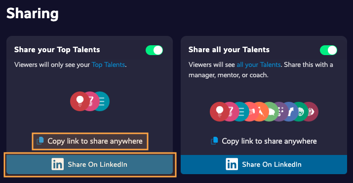 sharing buttons for sharing your top talents 