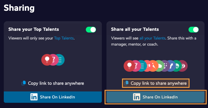 sharing buttons for sharing your full profile