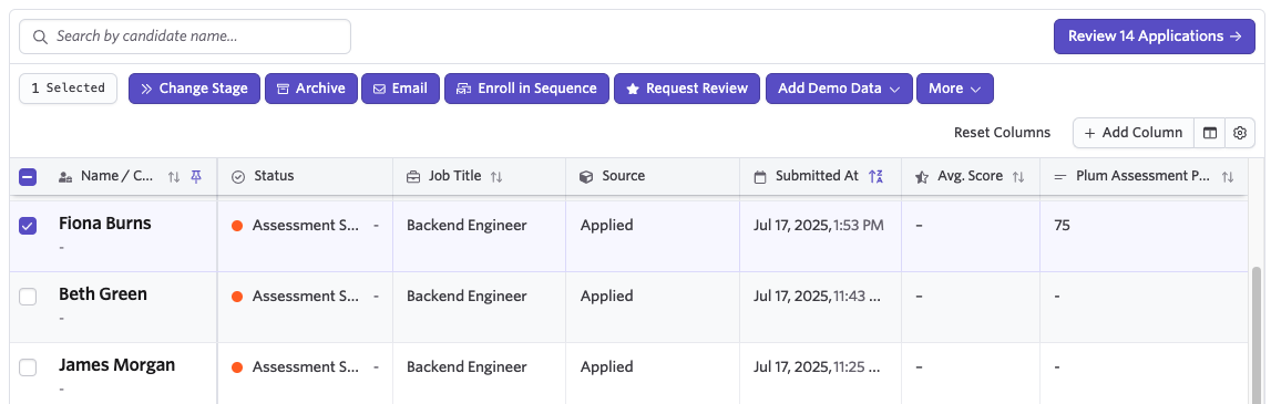 bulk adding candidates to the start assessment stage