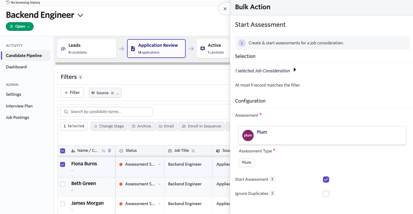 selecting the plum assessment in Ashby